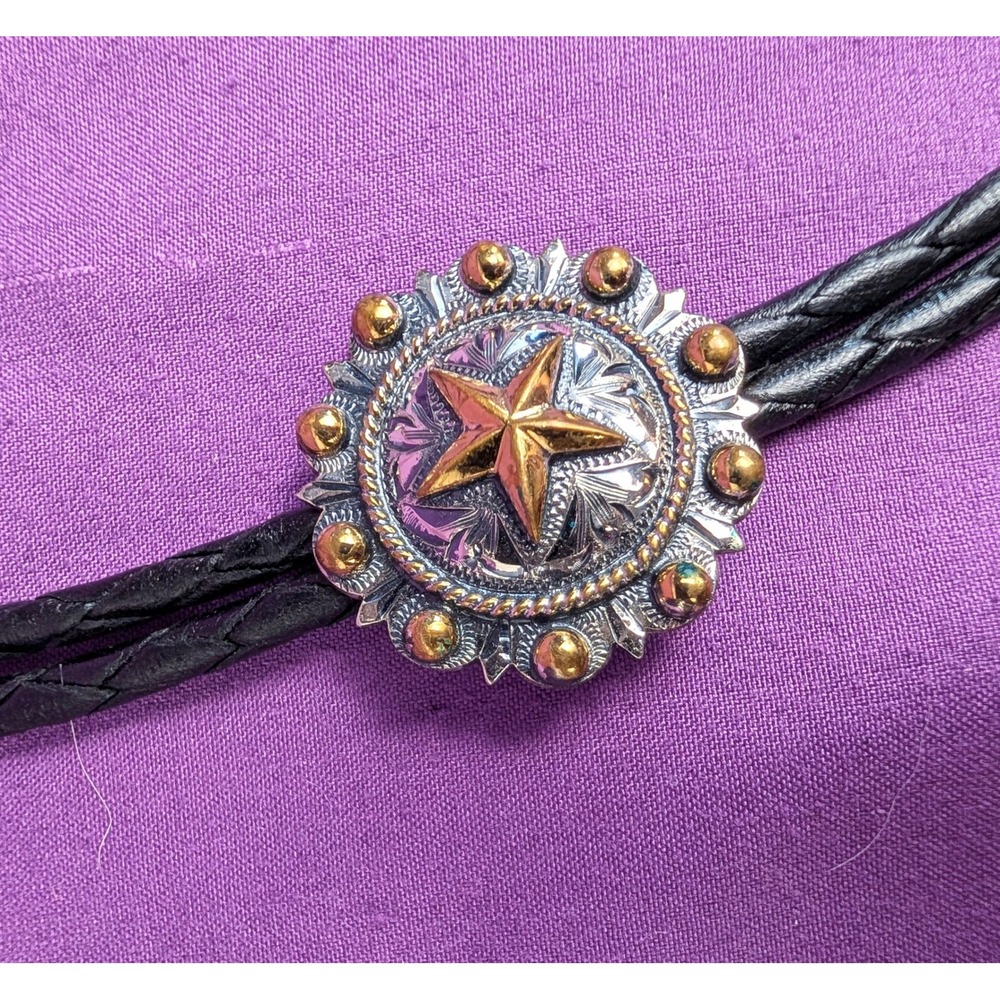 Vintage Western Bolo Tie Silver Gold Tone Lone Star Concho Black Braided Cord